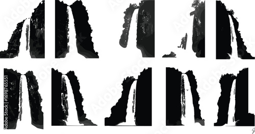 Waterfall silhouette vector set, nature rock cliff landscape illustration, black and white waterfall design, dramatic falling water scene art