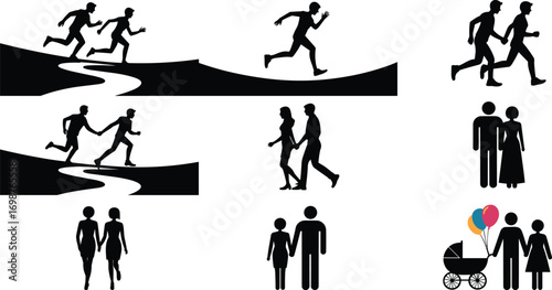 Silhouettes of Couples Running, Walking, Family with Stroller, Outdoor Activity, Relationship, Parenting, Fitness, Healthy Lifestyle, Vector Illustration