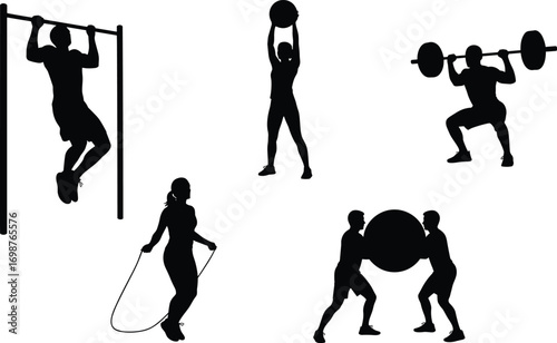 Fitness Silhouettes of Men and Women Exercising with Equipment Including Pull-Up Bar, Jump Rope, Medicine Ball, Squat, Partner Workout