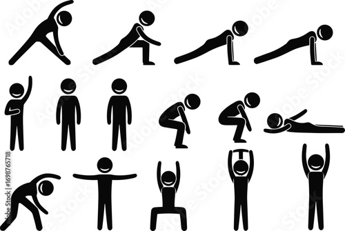 Fitness exercise silhouette icons showing various workout and stretching poses for health, wellness, gym routines, physical training, and body movement