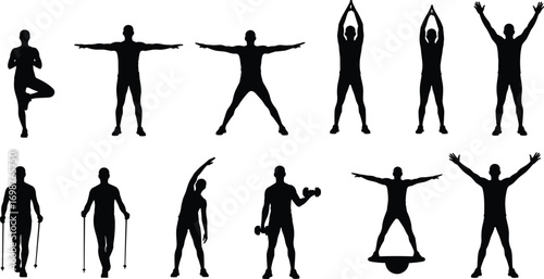 Fitness silhouette icons of people exercising, stretching, balancing, lifting weights, yoga poses, jump rope, wellness, physical therapy, workout routines