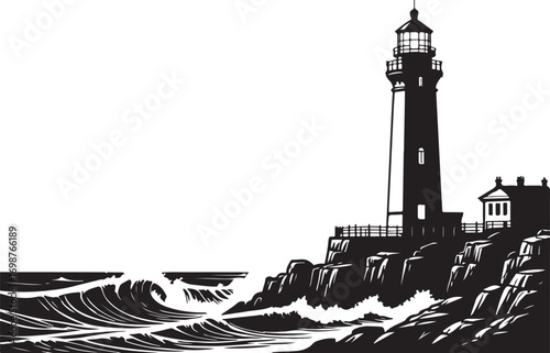 Black and white silhouette of a lighthouse on a rocky coast with crashing waves