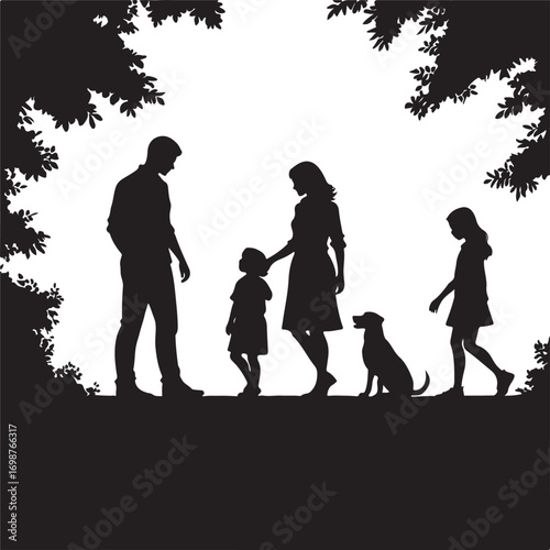 Black silhouette family with dog and trees on white background