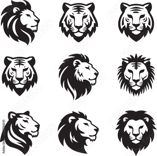 Black and white lion and tiger head icons profile front view