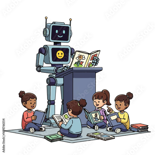 A friendly AI robot teacher leads a storytelling session for a group of young students, blending technology with early childhood education