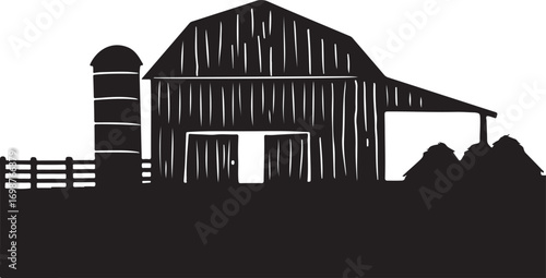 Black silhouette of a barn with silo and hay bales