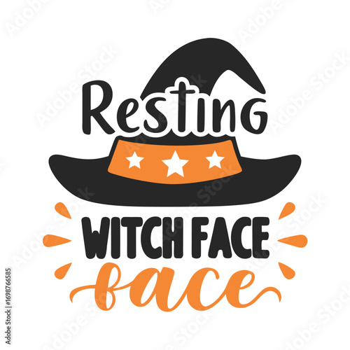 Whimsical Halloween Design Resting Witch Face with a Black and Orange Witch Hat