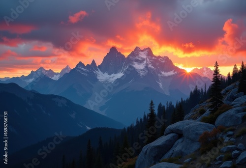 Majestic Mountains Under Dramatic Sunset Skies Stunning Silhouettes Wilderness Escapade Nature Adventure