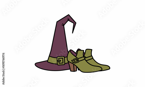 Purple Witchs Hat and Olive Green Buckle Boots.