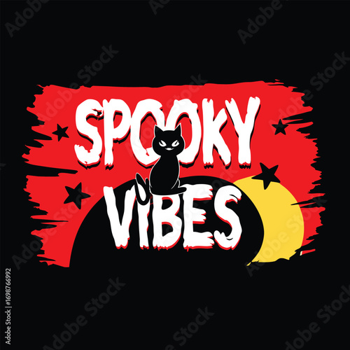 Spooky Vibes Halloween T-shirt with Black Cat and Moon Design