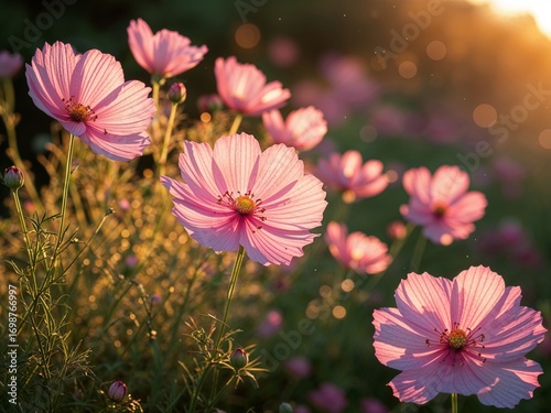 Pink Cosmos Flowers at Golden Hour