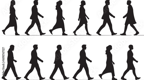 Black silhouettes of people walking in a line group