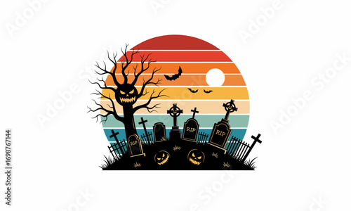 Retro Halloween Graveyard Scene with Smiling Tree.
