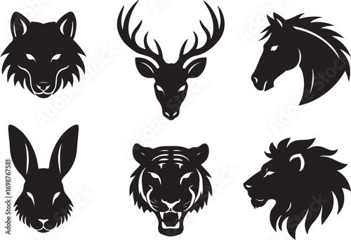 Six Black Animal Head Silhouettes on White Background