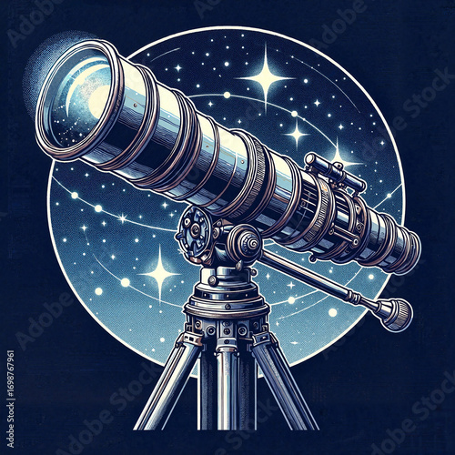 Detailed vintage telescope illustration with stars and moon for astronomy-related projects
