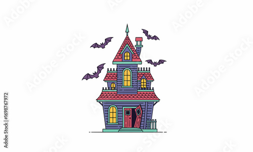 Spooky cartoon haunted house illustration with flying bats, vibrant colors, and pointed roof.