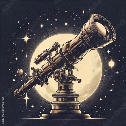 Elegant vintage telescope against a full moon and stars for astronomy-themed designs