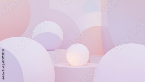 Soft, pastel spheres and circles create a calming, abstract composition on a pale pink, purple backdrop.