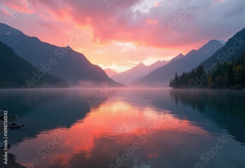 Serene Lake Reflections at Sunrise Tranquil Waters Colorful Sky Calm Nature Serenity Peaks