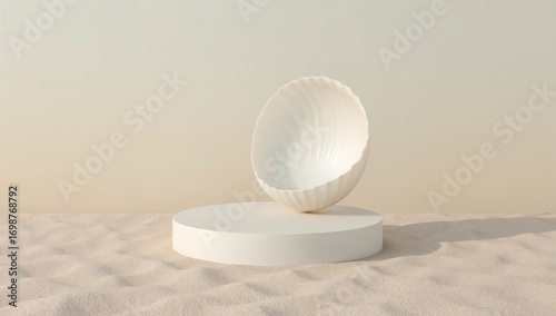 Minimalist seashell art piece atop a white pedestal on a sandy surface under gentle lighting backdrop.