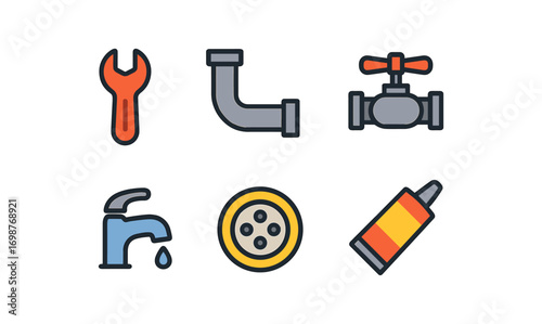 Plumbing tools and fixtures: modern flat design icons for plumbing solutions