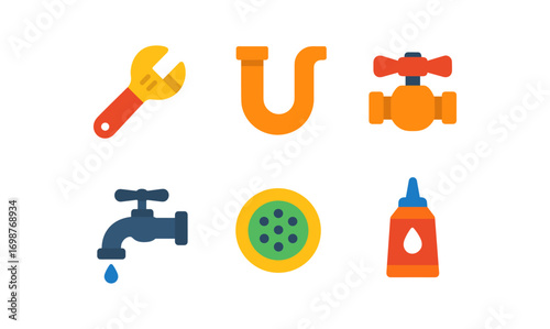 Colorful plumbing tool set with wrench, faucet, and pipe icons
