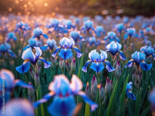 Sunset Serenity: A Field of Blue Irises