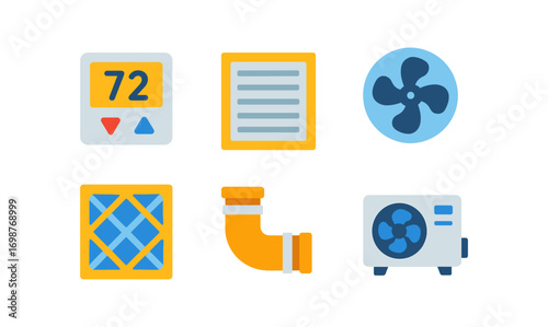 Hvac system elements set with thermostat, vent, and air conditioner icons