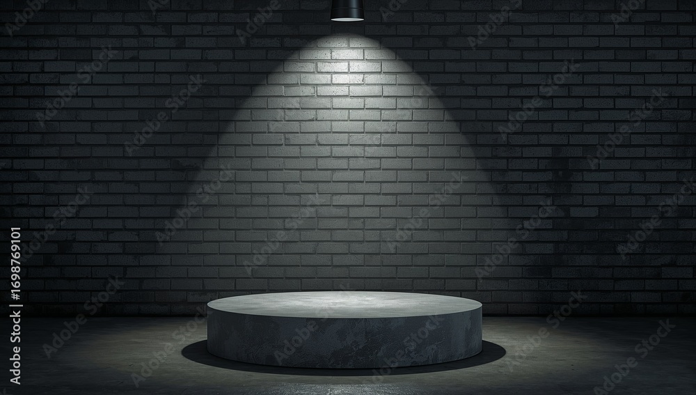 Obraz premium Concrete platform illuminated by a single spotlight in a dark room with a brick wall backdrop.