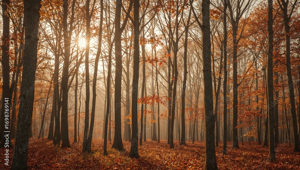 Obraz premium Autumnal Sunlight: A serene forest scene with trees and fallen leaves bathed in golden light.