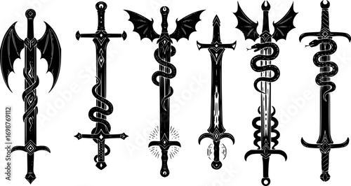 Fantasy Sword Tattoo Set – Vector Linocut Magic Blade Collection with Dragon Wings, Medieval Mystic Symbols, Snake and Witchcraft Icon, Black Silhouette Fairy Tale Sword Design