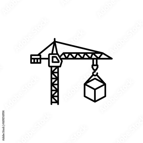Construction crane lifting box in minimalist vector style  