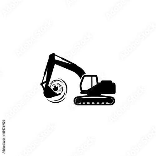Excavator digging with swirling dirt in a vector style  