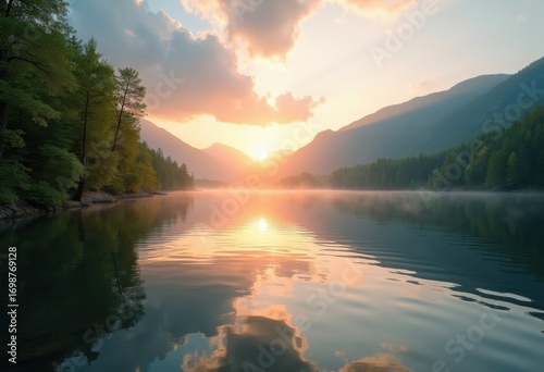 Serene Sunrise Over Tranquil Lake with Perfect Reflections and Dreamy Atmosphere Surrounded by Nature