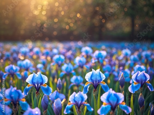 Serene Sunset Over a Vibrant Blue Iris Field