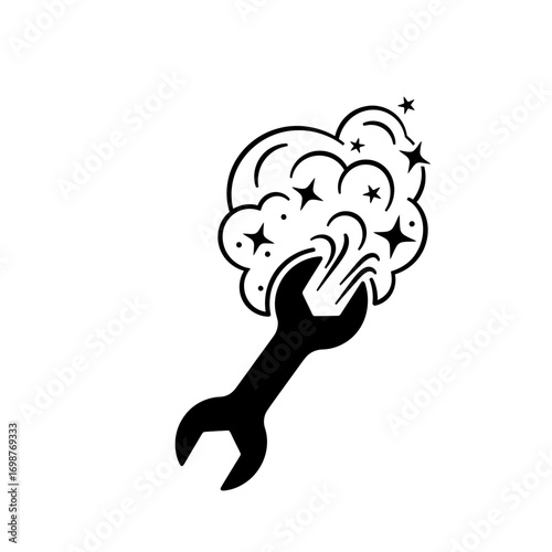 Wrench creating magical explosion in vector style  