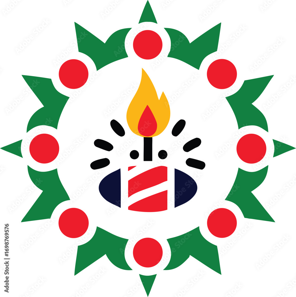 Fototapeta premium Simple festive emblem with holiday wreath and lit candle against a white background
