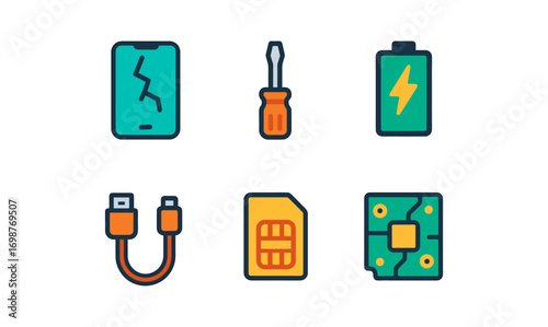 Electronic device repair icons set featuring smartphone, screwdriver, battery, cable, sim, and circuit board