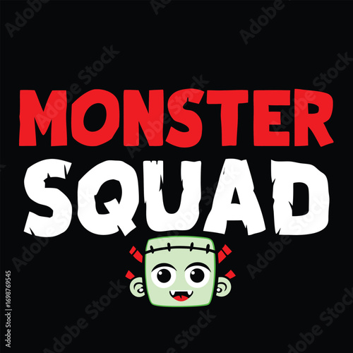 Monster Squad Halloween T-Shirt Design with Frankenstein Monster Illustration
