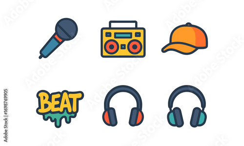 Flat style hip hop icons set featuring microphone, boom box, cap, beat text, and headphones