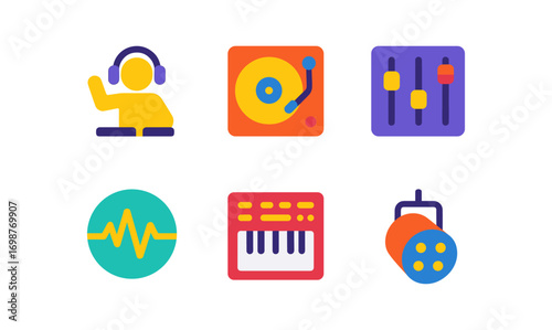 Colorful music production icons: dj, turntable, equalizer, synth, and more