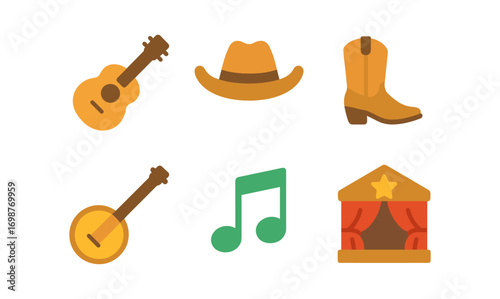 Country music festival icons featuring guitar, cowboy hat, boots, and stage