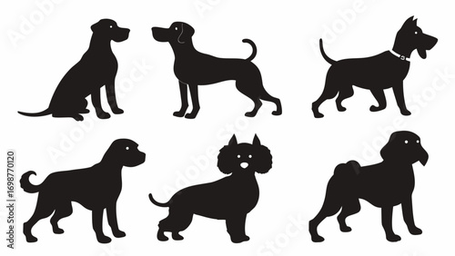 Diverse dog breeds silhouette collection showcasing various canine companions in playful poses