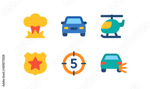 Colorful flat icon set featuring vehicles, explosion, and targets