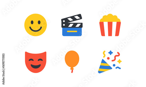 Colorful entertainment icons featuring smiley, popcorn, clapperboard, theater mask, balloon, and party hat