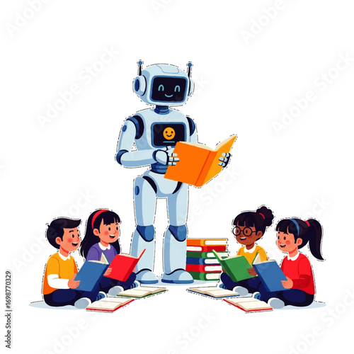Artificial intelligence in education concept with a friendly robot reading a storybook to diverse children