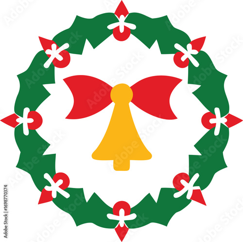 Decorative holiday wreath shows festive gold bell and classic red ribbon on transparent background