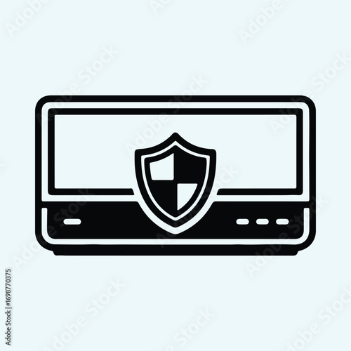 Illustrator Vector Computer monitor with security shield antivirus protection silhouette