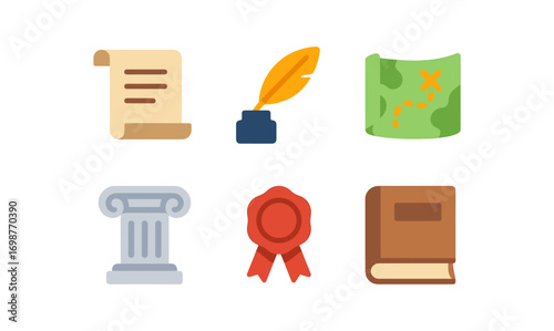 Vintage icon set featuring scroll, quill, map, column, ribbon, and book in flat style