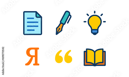 Minimalistic icons of writing tools and symbols for creative projects